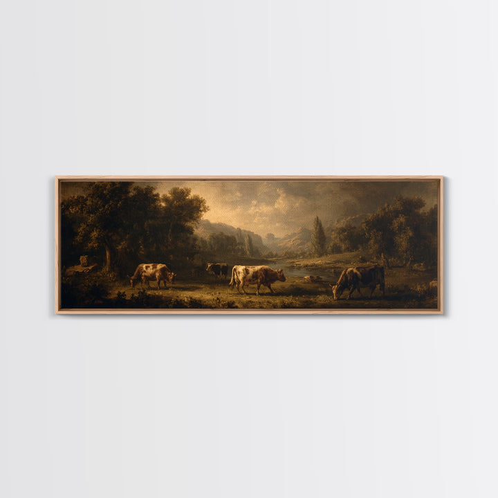 Pastoral Countryside with Cows in Field Canvas Print, Traditional Art, Artwork, Living Room Decor, Fine Art, Classic, TRA-3x1-71