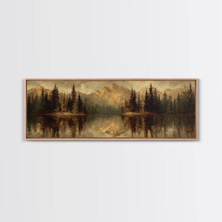 Mountain Lake with Pine Forest Reflection Framed Canvas Print, Traditional Art, Neutral Decor, Living Room Decor, Oil Painting, TRA-3x1-73
