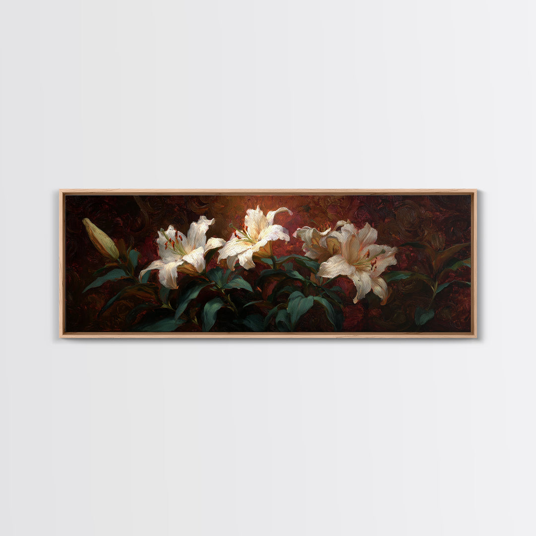 White Lilies on Dark Background Framed Canvas Print, Traditional Art, Digital Print, Living Room Decor, Oil Painting, Classic, TRA-3x1-79