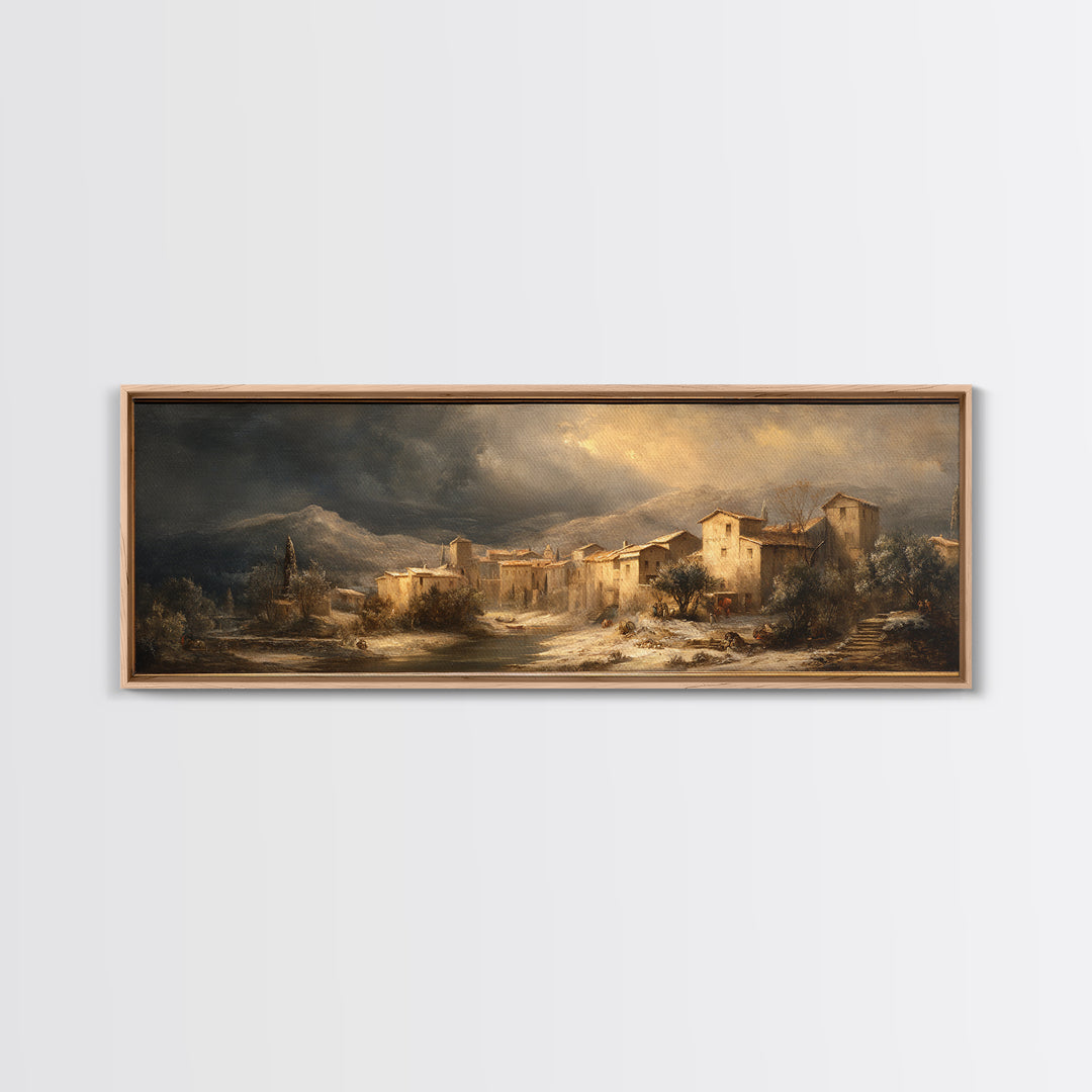 Snowy Village Landscape at Twilight Canvas Print, Traditional Art, Art Commission, Living Room Decor, Fine Art, Classic, TRA-3x1-83
