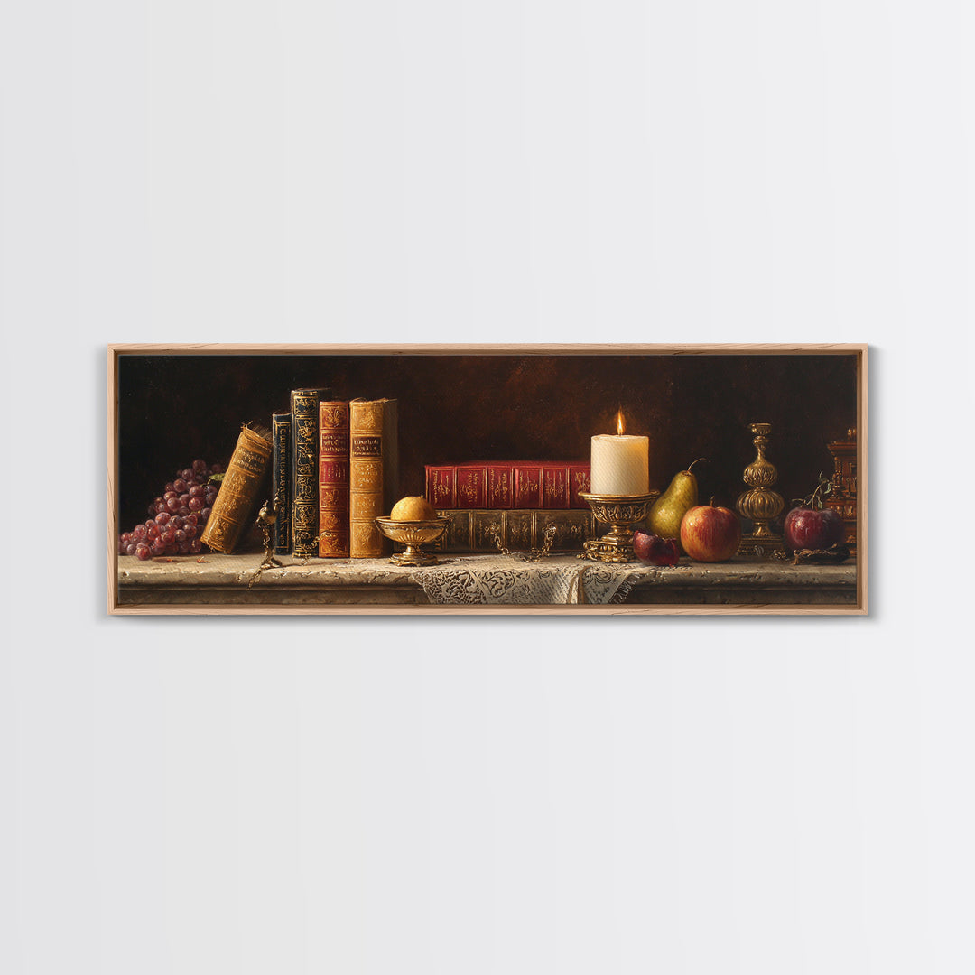 Still Life of Books Candle and Fruit Framed Canvas Print, Traditional Art, Painting, Living Room Decor, Fine Art, Classic, TRA-3x1-84