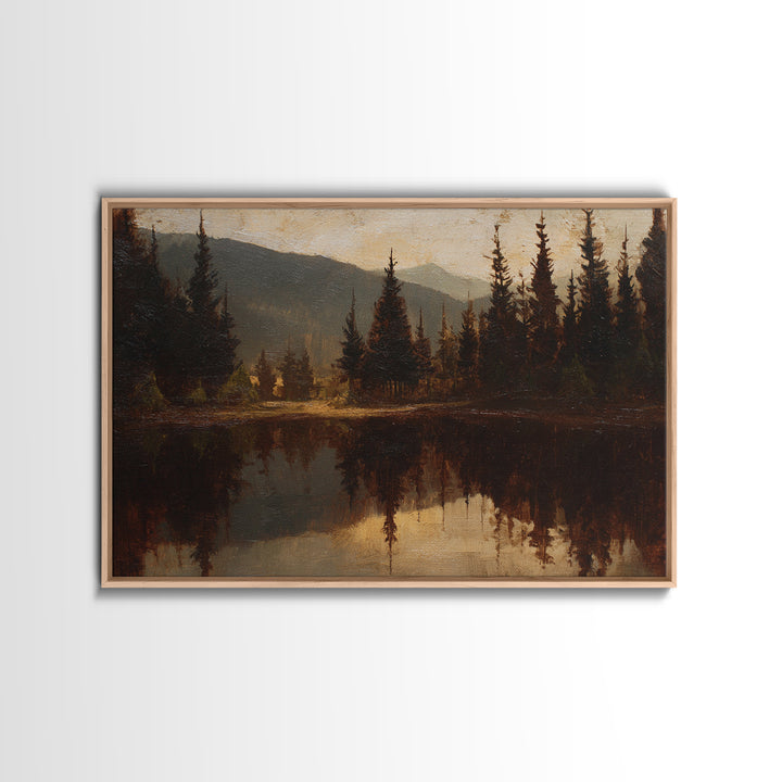 Mountain Lake with Pine Forest Reflection Framed Canvas Print, Traditional Art, Indian Wall Art, Living Room Decor, Classic, TRA-3x2-13