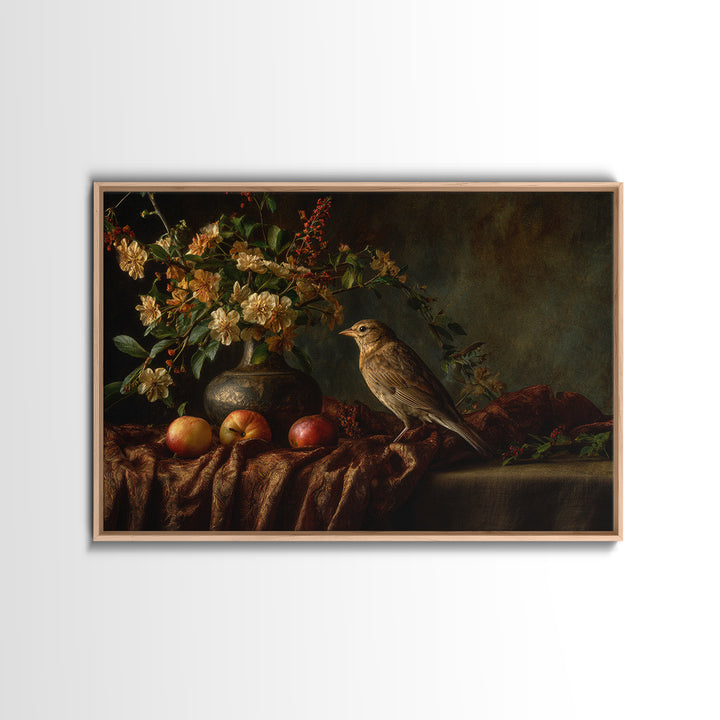 Bird Study on a Flowering Branch Framed Canvas Print, Traditional Art, Artwork, Living Room Decor, Oil Painting, Classic, TRA-3x2-14