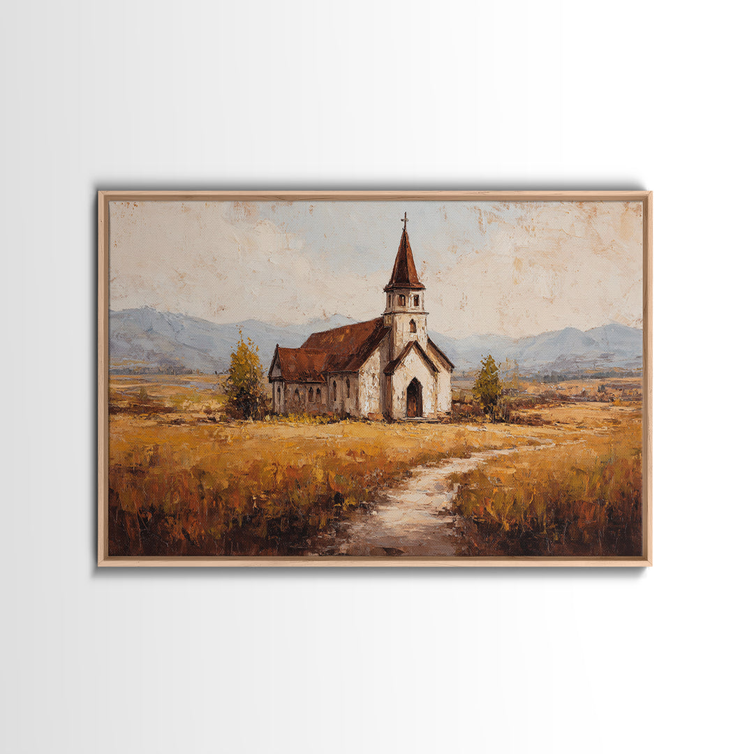 Church Steeple Across Rural Meadow Canvas Print, Traditional Art, Japanese Decor, Living Room Decor, Fine Art, Classic, TRA-3x2-17