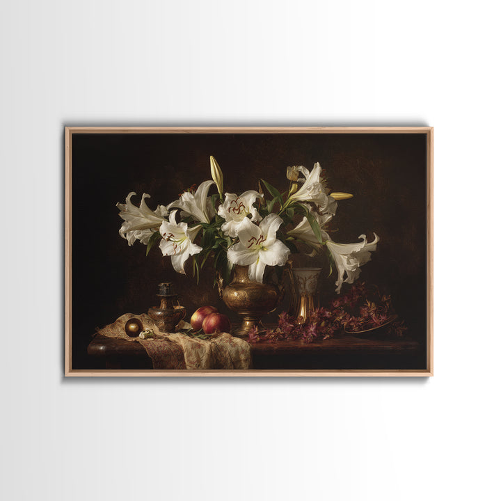 White Lilies on Dark Background Framed Canvas Print, Traditional Art, Statement Artwork, Living Room Decor, Fine Art, Classic, TRA-3x2-19