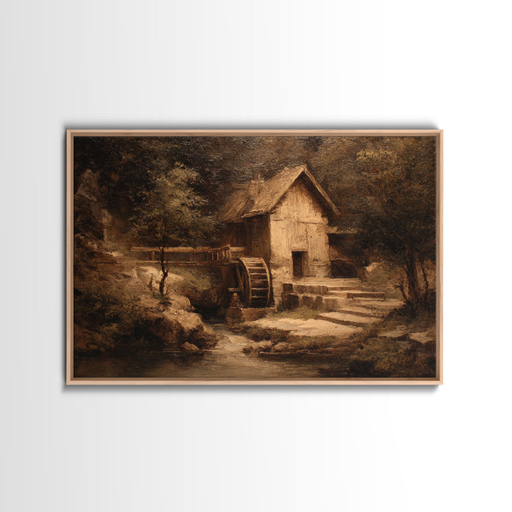 Watermill Beside a Quiet Stream Canvas Print, Traditional Art, Indian Decor, Living Room Decor, Fine Art, Classic, Luxury Decor, TRA-3x2-21
