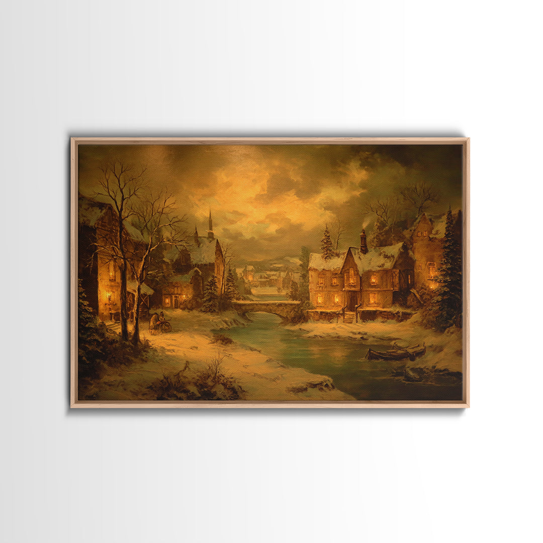 Snowy Village Landscape at Twilight Framed Canvas Print, Traditional Art, Indian Art, Living Room Decor, Oil Painting, Classic, TRA-3x2-23