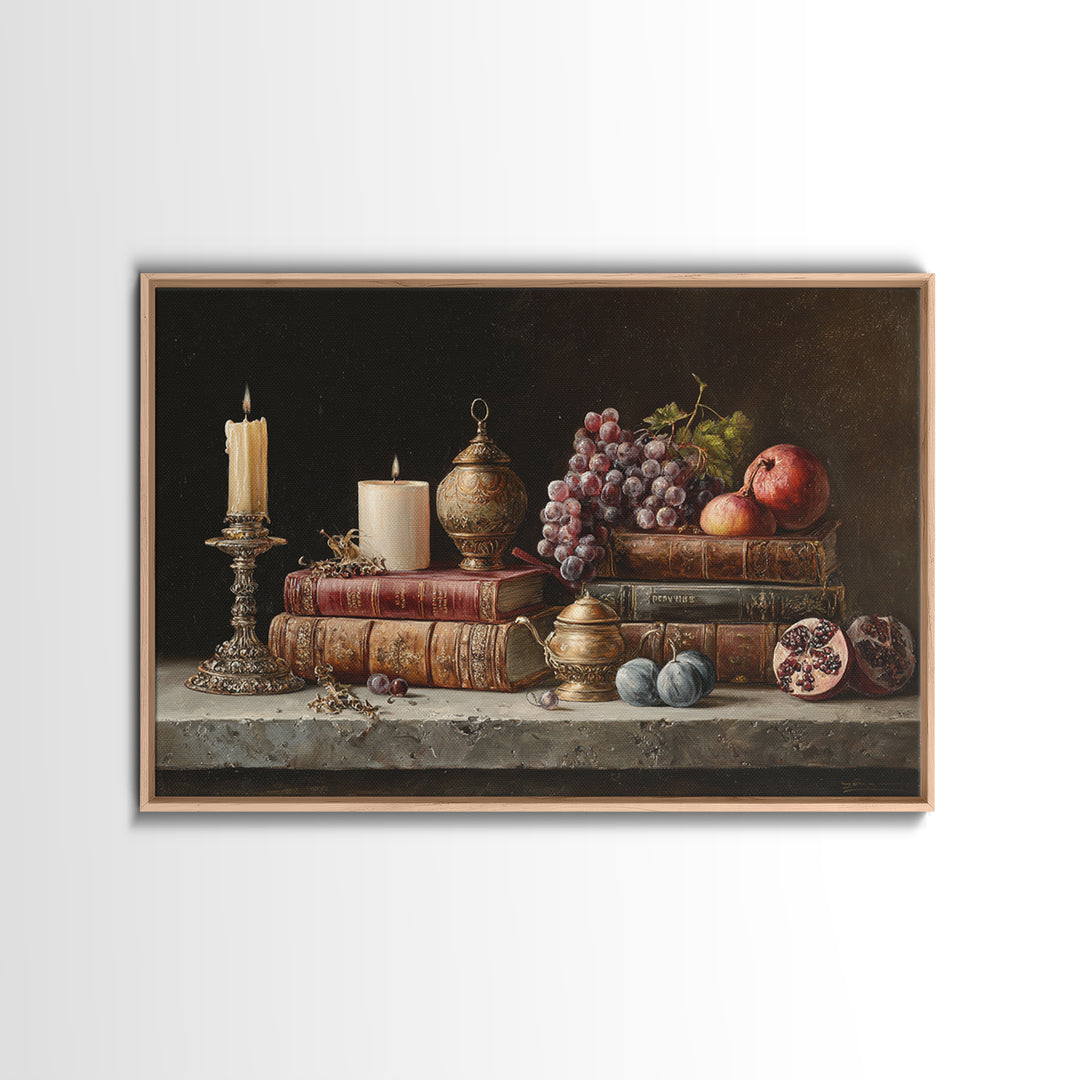 Still Life of Books Candle and Fruit Framed Canvas Print, Traditional Art, Indian Decor, Living Room Decor, Fine Art, Classic, TRA-3x2-24