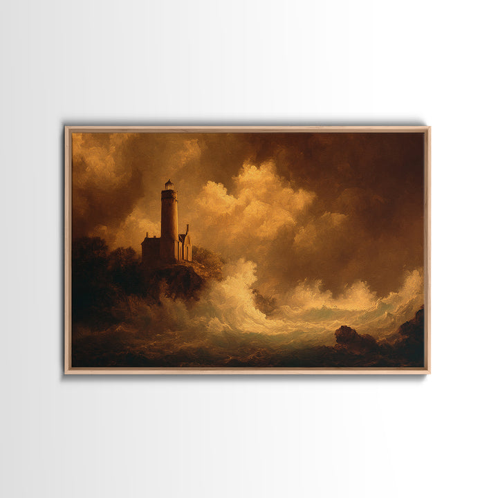 Lighthouse with Crashing Waves Framed Canvas Print, Traditional Art, Landscape, Living Room Decor, Abstract Art, Classic, TRA-3x2-25