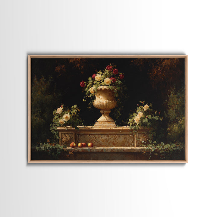 Garden Urn with Roses and Ivy Framed Canvas Print, Traditional Art, Custom Art, Living Room Decor, Fine Art, Classic, TRA-3x2-28