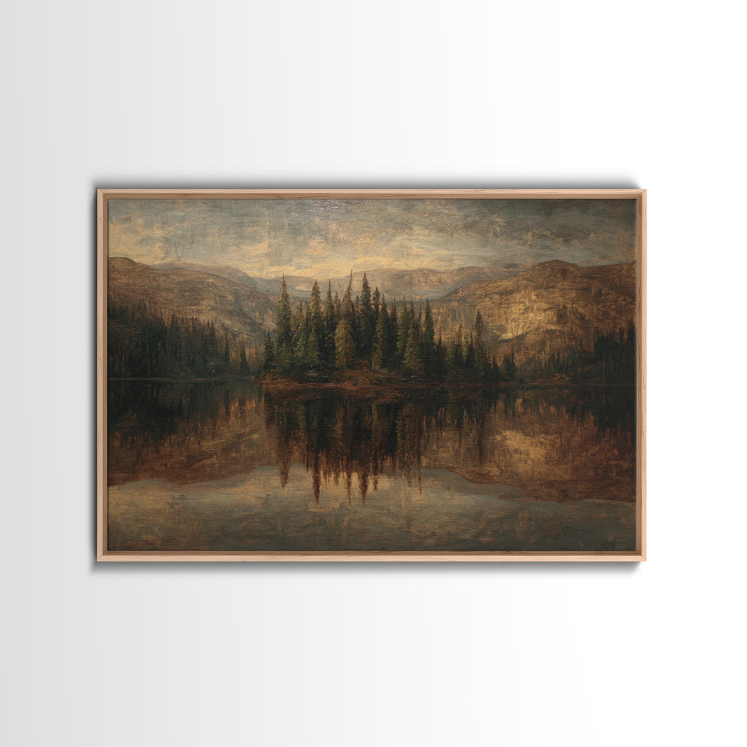 Mountain Lake with Pine Forest Reflection Canvas Print, Traditional Art, Dark Art, Living Room Decor, Fine Art, Classic, TRA-3x2-37
