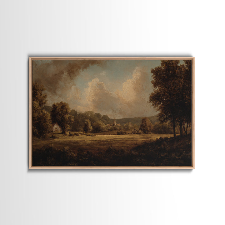 Church Steeple Across Rural Meadow Framed Canvas Print, Traditional Art, Pokemon Poster, Living Room Decor, Watercolor Art, TRA-3x2-41