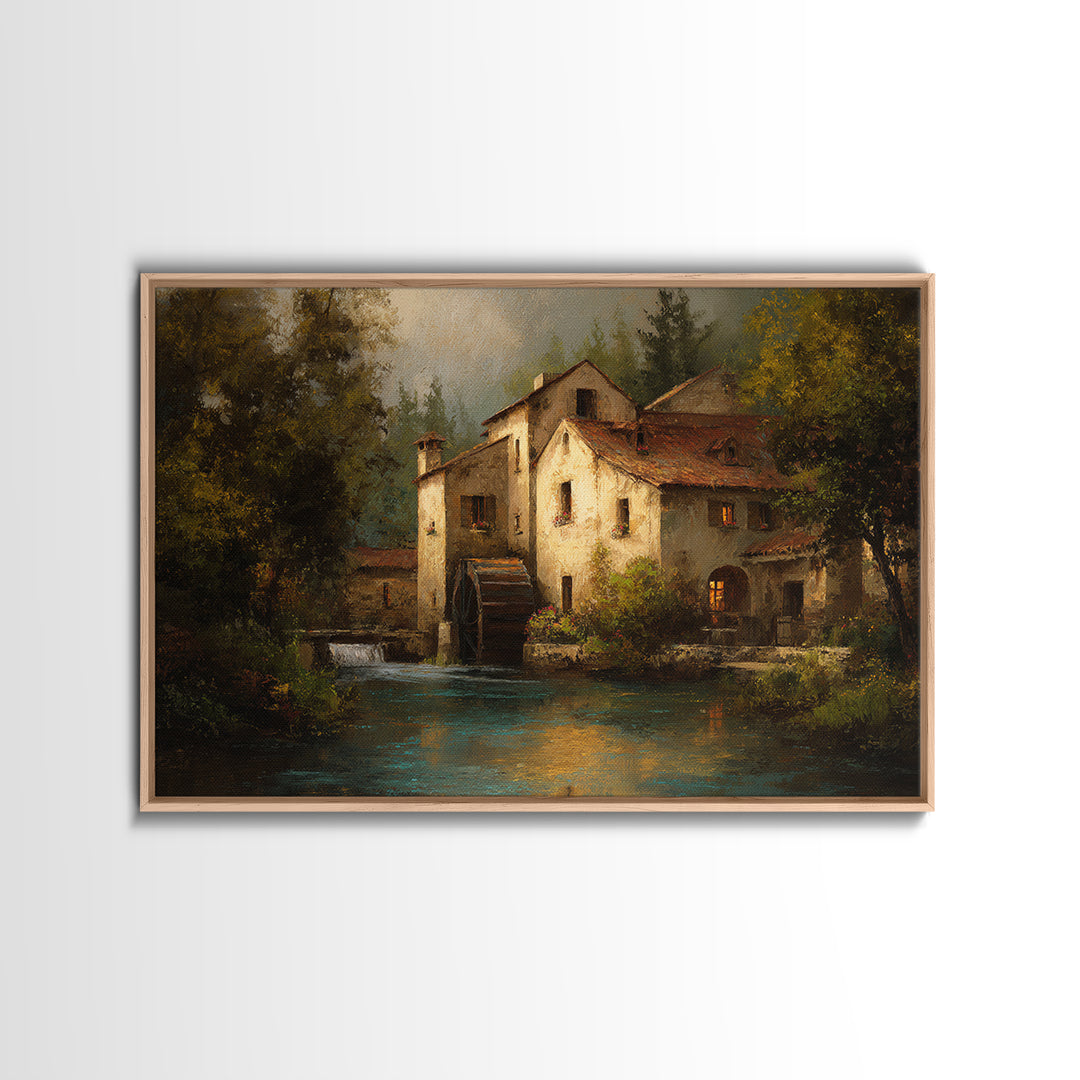 Watermill Beside a Quiet Stream Framed Canvas Print, Traditional Art, Gallery Decor, Living Room Decor, Fine Art, Classic, TRA-3x2-45