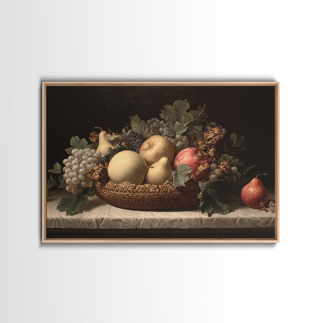 Basket of Apples and Pears on Linen Framed Canvas Print, Traditional Art, Custom Art, Living Room Decor, Abstract Art, Classic, TRA-3x2-46