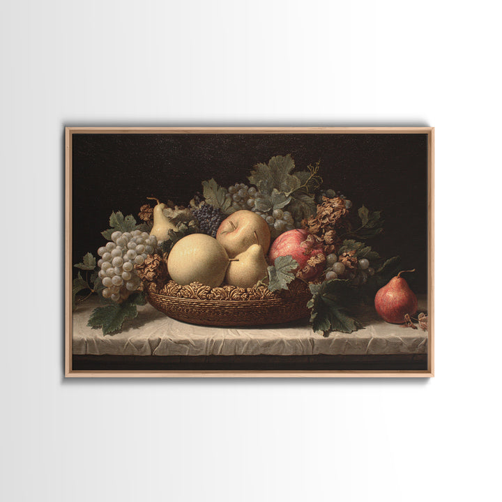 Basket of Apples and Pears on Linen Framed Canvas Print, Traditional Art, Custom Art, Living Room Decor, Abstract Art, Classic, TRA-3x2-46