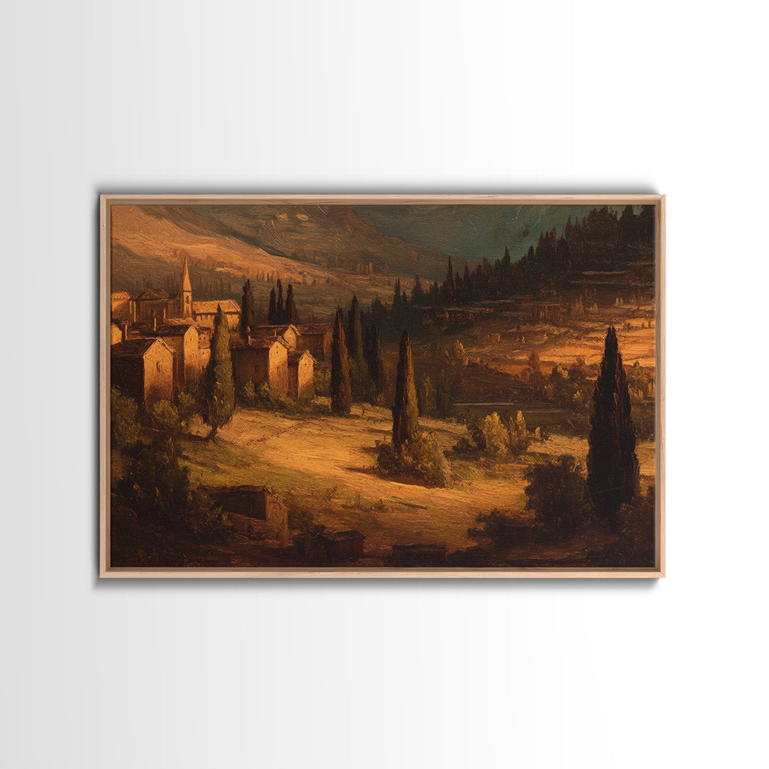 Snowy Village Landscape at Twilight Framed Canvas Print, Traditional Art, Art Print, Living Room Decor, Fine Art, Classic, TRA-3x2-47