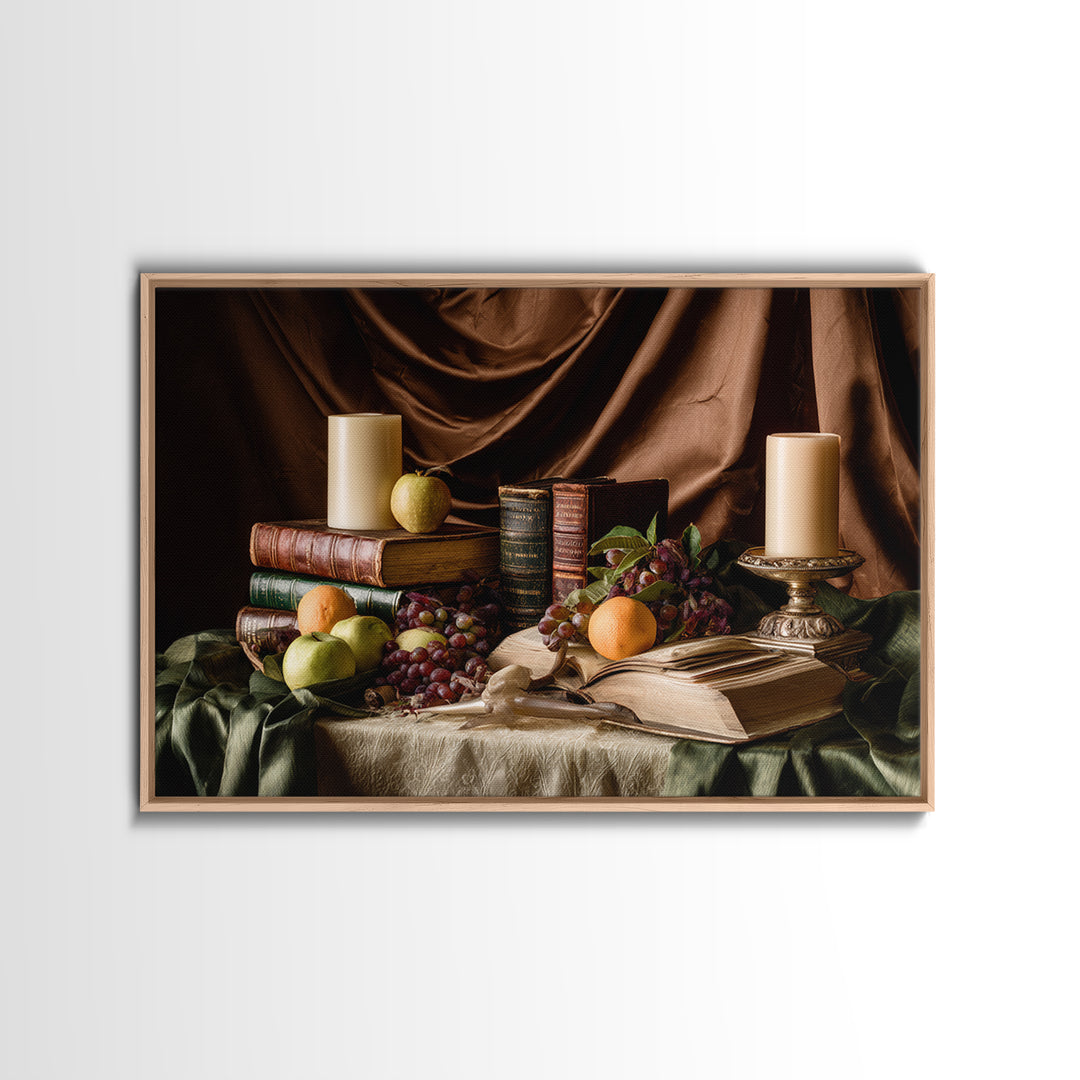 Still Life of Books Candle and Fruit Canvas Print, Traditional Art, Gallery Decor, Living Room Decor, Fine Art, Classic, TRA-3x2-48