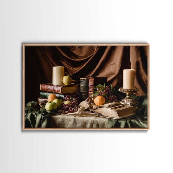 Still Life of Books Candle and Fruit Canvas Print, Traditional Art, Gallery Decor, Living Room Decor, Fine Art, Classic, TRA-3x2-48