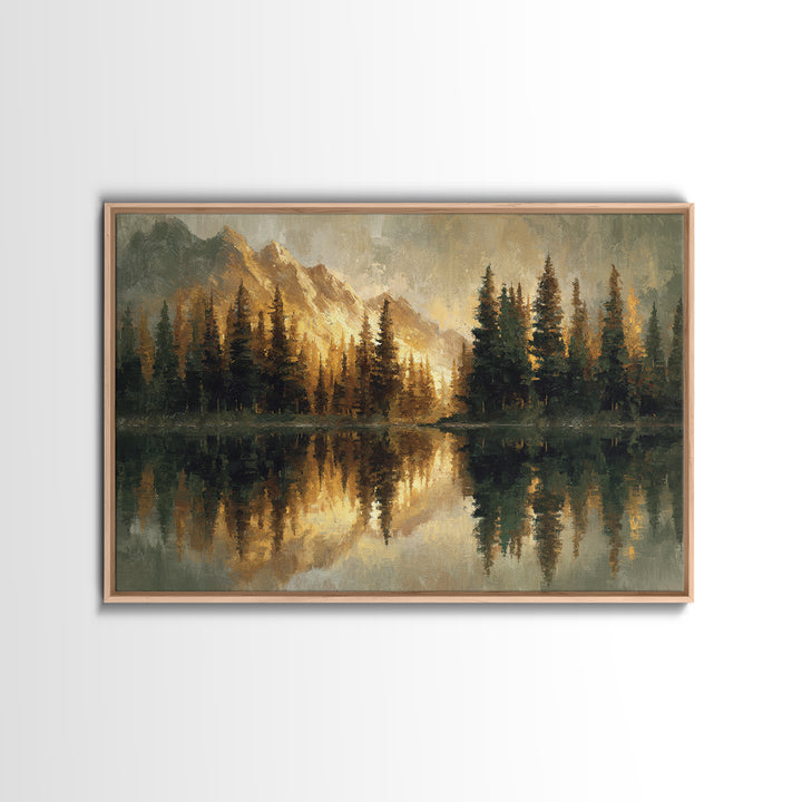 Mountain Lake with Pine Forest Reflection Canvas Print, Traditional Art, Dark Art, Living Room Decor, Fine Art, Classic, TRA-3x2-61