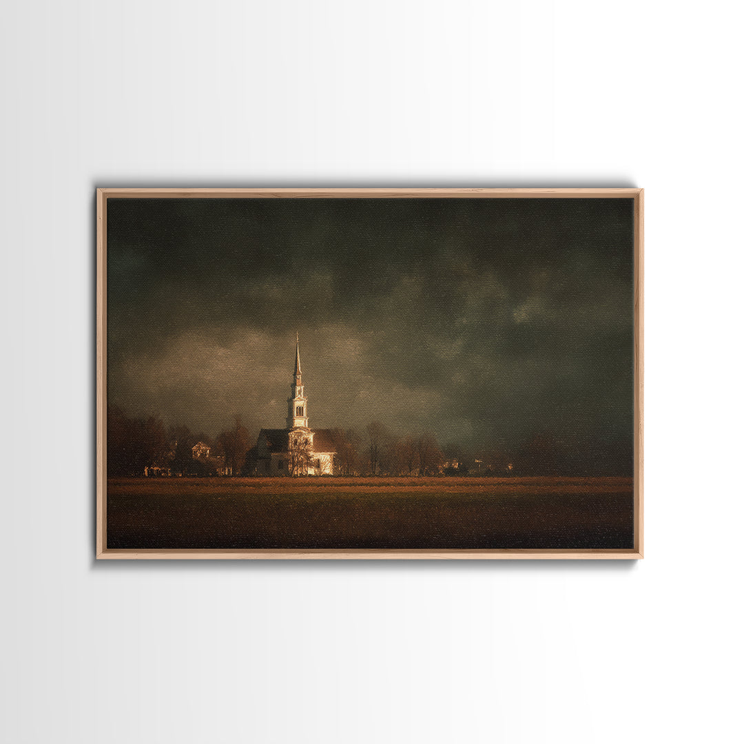 Church Steeple Across Rural Meadow Framed Canvas Print, Traditional Art, Pokemon Poster, Living Room Decor, Watercolor Art, TRA-3x2-65