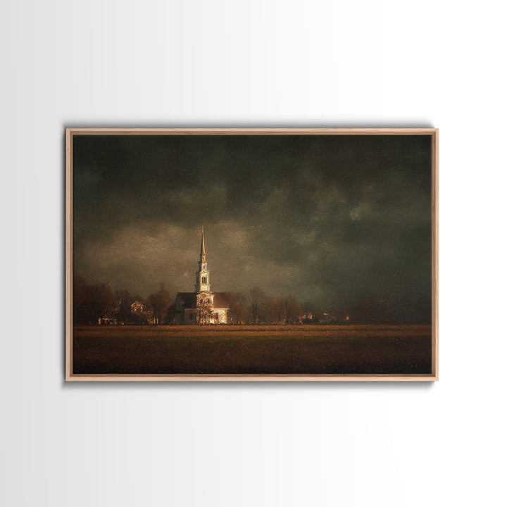 Church Steeple Across Rural Meadow Framed Canvas Print, Traditional Art, Pokemon Poster, Living Room Decor, Watercolor Art, TRA-3x2-65