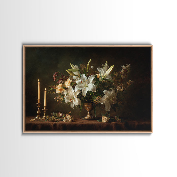White Lilies on Dark Background Canvas Print, Traditional Art, Canvas, Living Room Decor, Watercolor Art, Classic, Furry Art, TRA-3x2-67