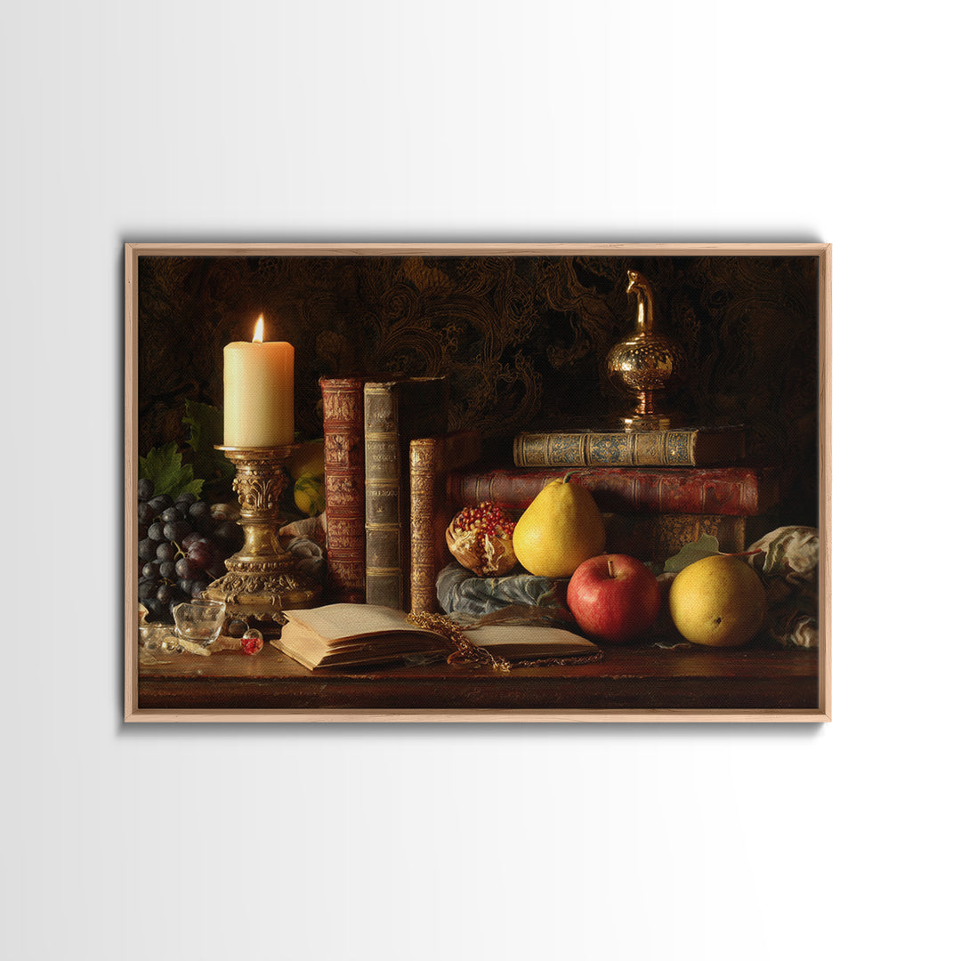 Still Life of Books Candle and Fruit Canvas Print, Traditional Art, Contemporary Art, Living Room Decor, Fine Art, Classic, TRA-3x2-72