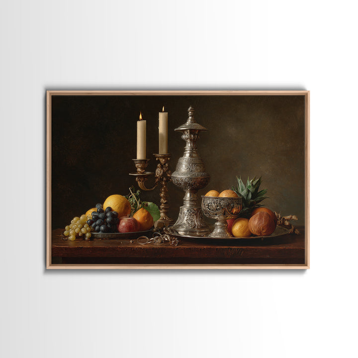 Dutch Fruit and Silver Goblet Still Life Framed Canvas Print, Traditional Art, Furry Art, Living Room Decor, Oil Painting, TRA-3x2-8