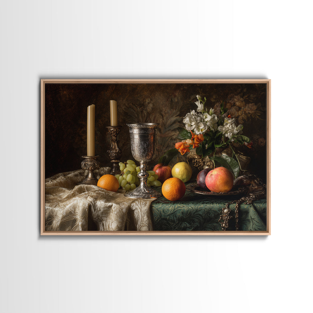 Dutch Fruit and Silver Goblet Still Life Framed Canvas Print, Traditional Art, Living Room Decor, Watercolor Art, Classic, TRA-3x2-80