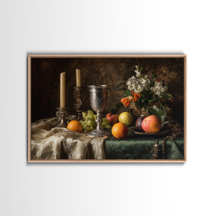 Dutch Fruit and Silver Goblet Still Life Framed Canvas Print, Traditional Art, Living Room Decor, Watercolor Art, Classic, TRA-3x2-80