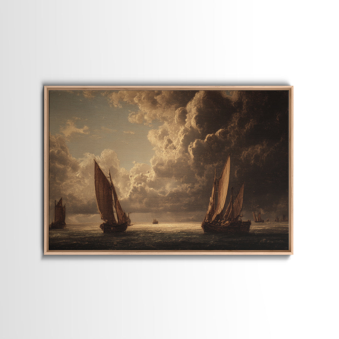 Seascape with Sailboats and Cloudy Sky Framed Canvas Print, Traditional Art, Watercolor Art, Living Room Decor, Classic, TRA-3x2-9