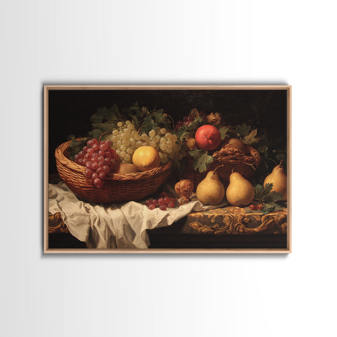 Basket of Apples and Pears on Linen Canvas Print, Traditional Art, Landscape, Living Room Decor, Fine Art, Classic, TRA-3x2-94