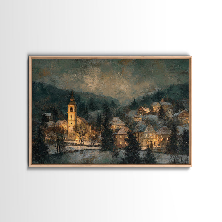 Snowy Village Landscape at Twilight Framed Canvas Print, Traditional Art, Art Commission, Living Room Decor, Fine Art, Classic, TRA-3x2-95