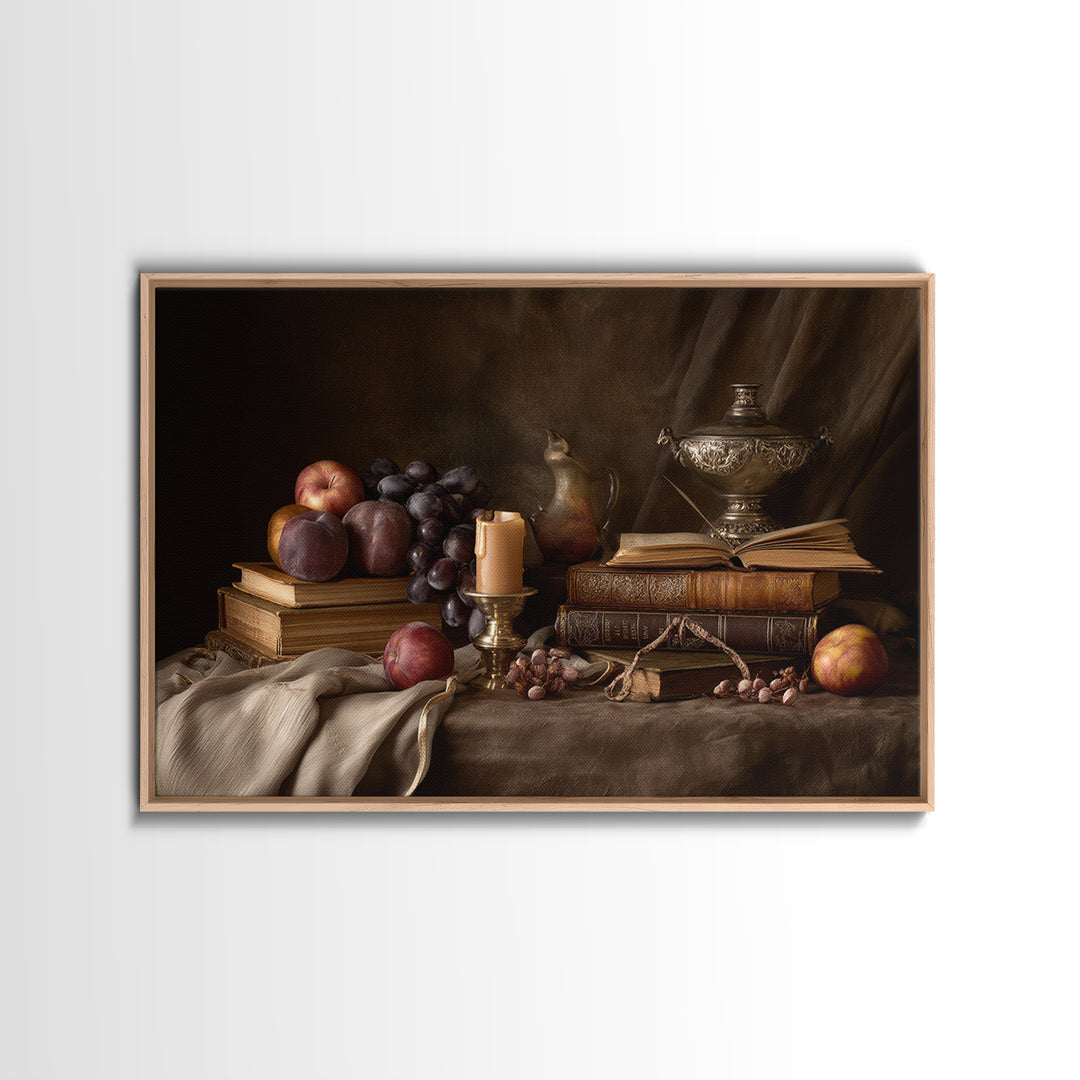 Still Life of Books Candle and Fruit Framed Canvas Print, Traditional Art, Painting, Living Room Decor, Fine Art, Classic, TRA-3x2-96