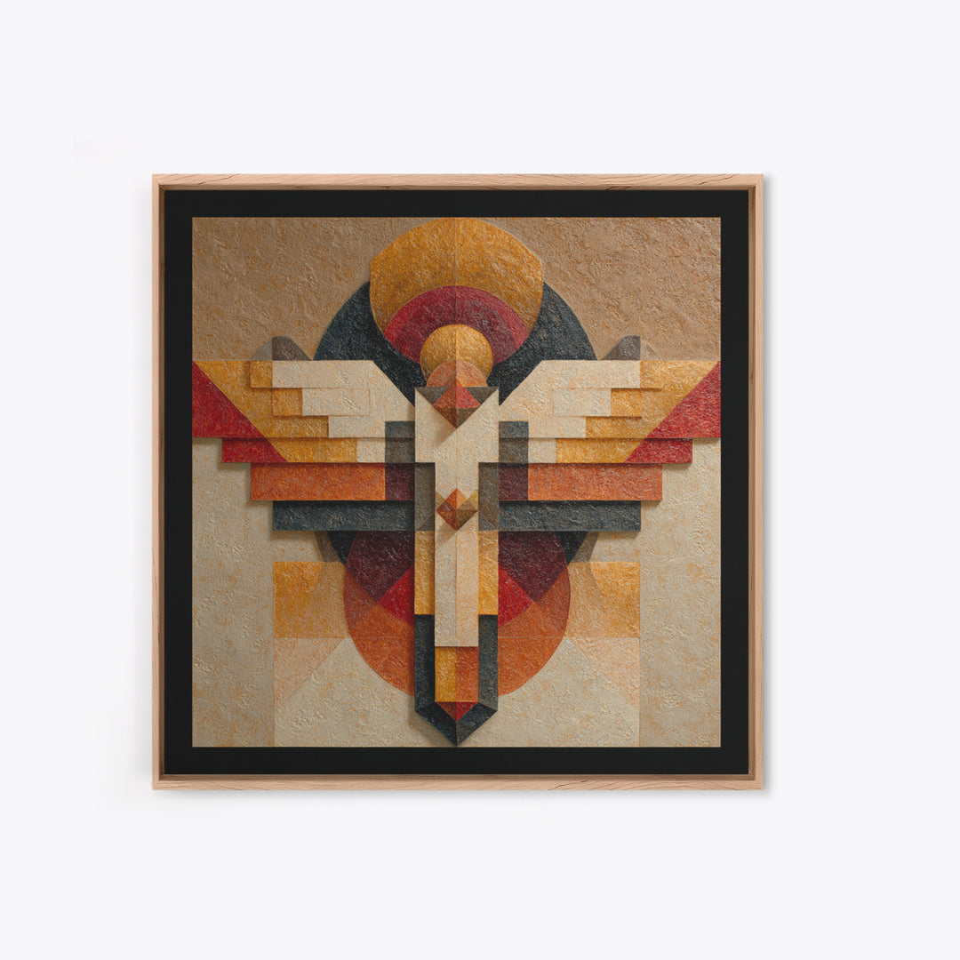 Eagle Totem with Feathers and Geometric Shapes Framed Canvas Print, Tribal Art, Tribal Design, Living Room Decor, Tribal, TRI-1x1-84