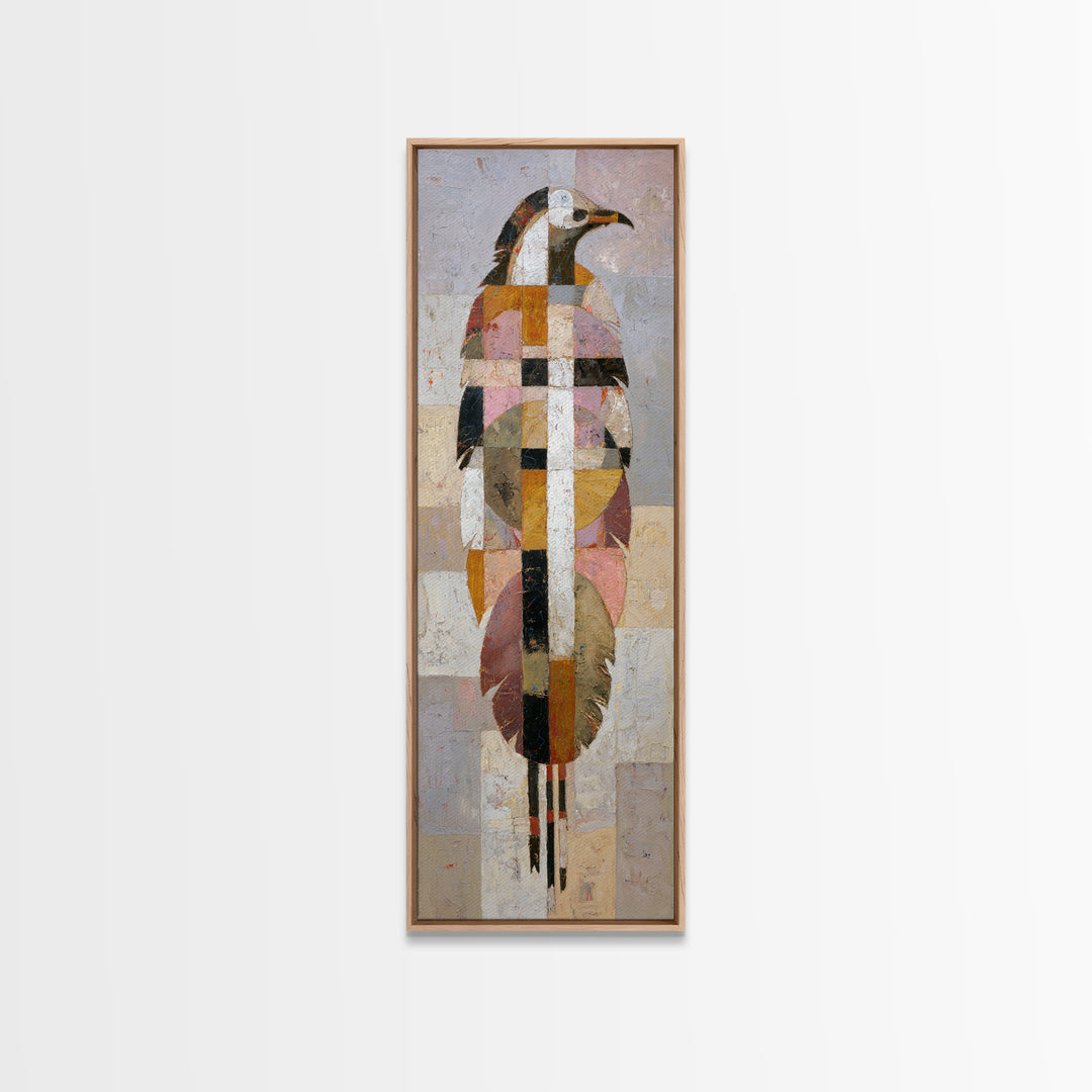 Eagle Totem with Feathers and Geometric Shapes Framed Canvas Print, Tribal Art, Statement Artwork, Living Room Decor, Tribal, TRI-1x3-96