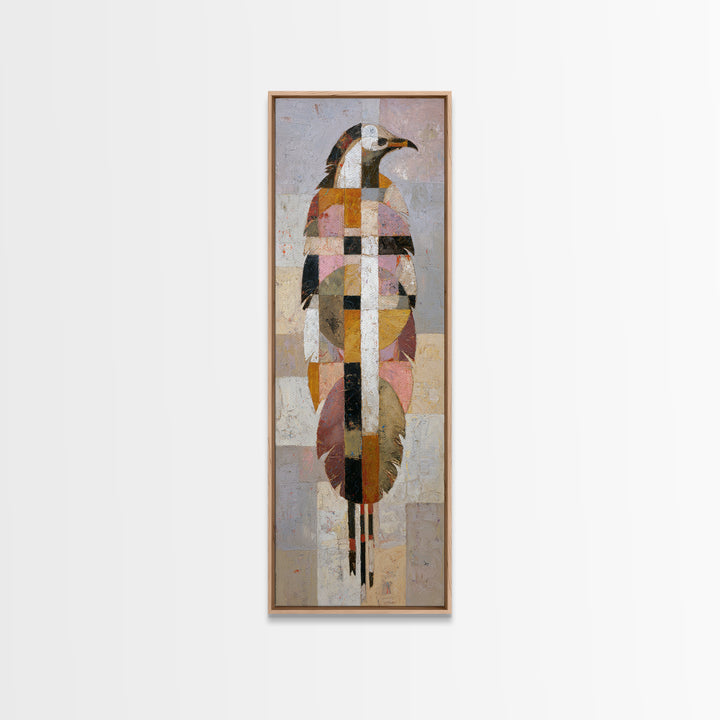 Eagle Totem with Feathers and Geometric Shapes Framed Canvas Print, Tribal Art, Statement Artwork, Living Room Decor, Tribal, TRI-1x3-96