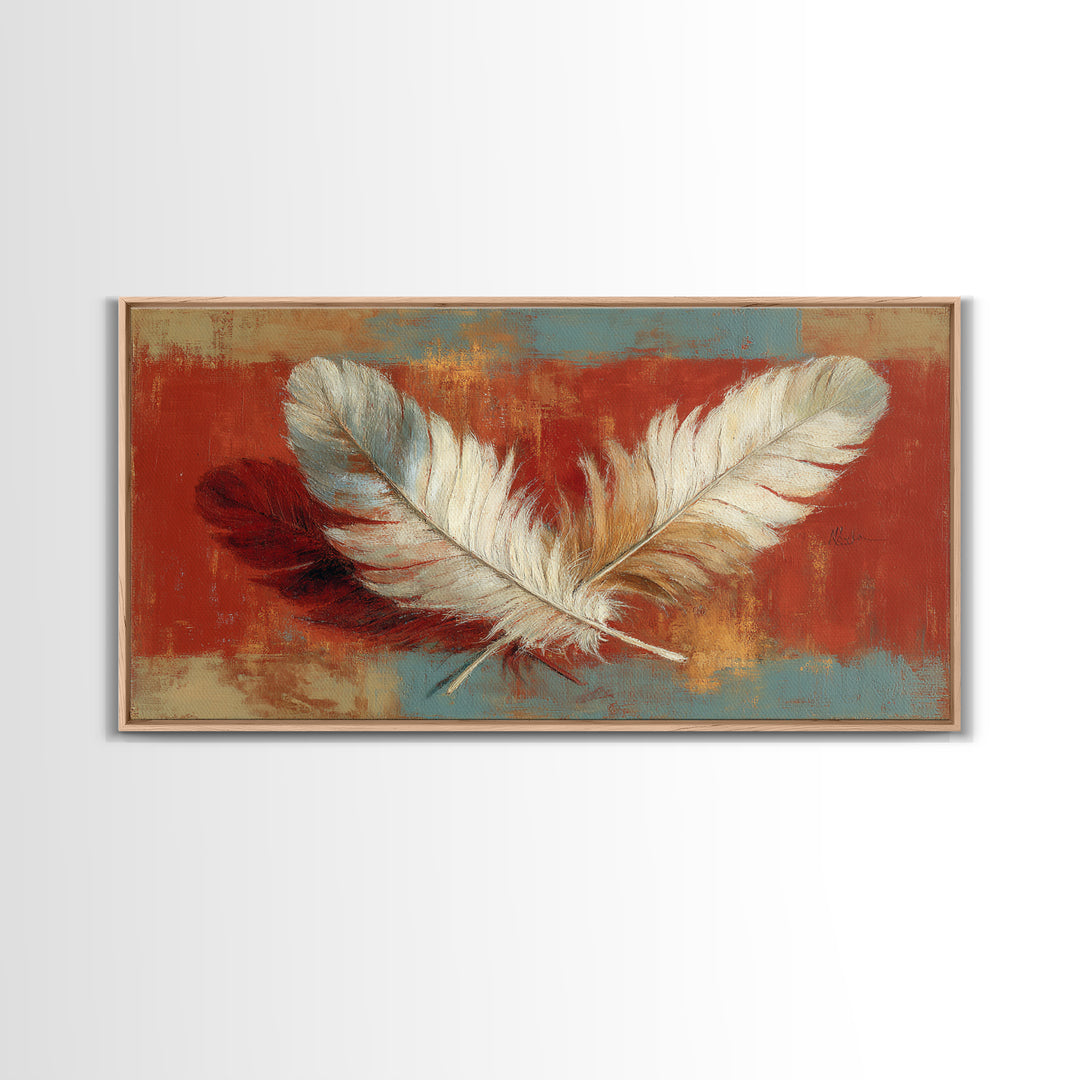Feather Arrangement with Red Ochre Background Framed Canvas Print, Tribal Art, Living Room Decor, Watercolor Art, Tribal, TRI-2x1-15