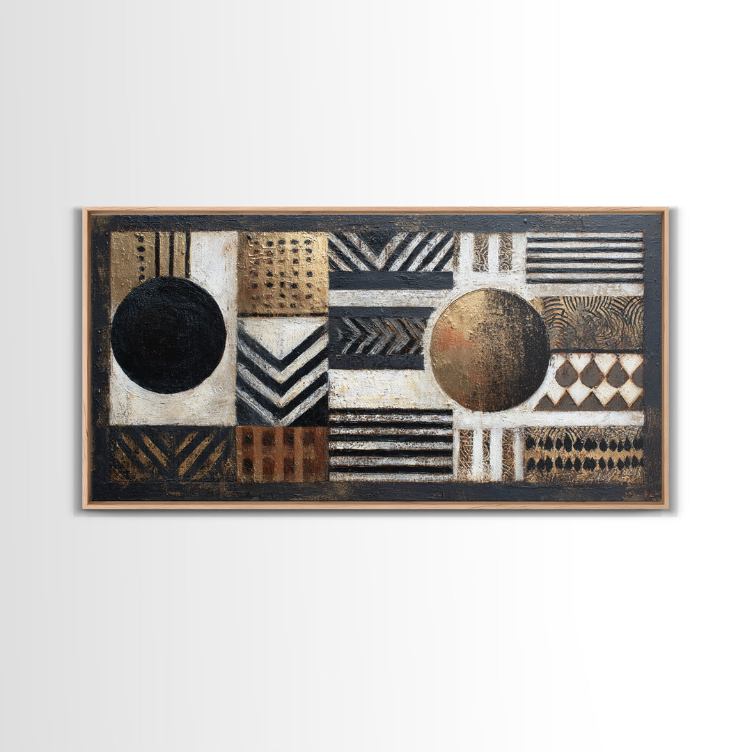 Mud Cloth Black and Cream Pattern Framed Canvas Print, Tribal Art, African Wall Art, Living Room Decor, Fine Art, Tribal, TRI-2x1-3
