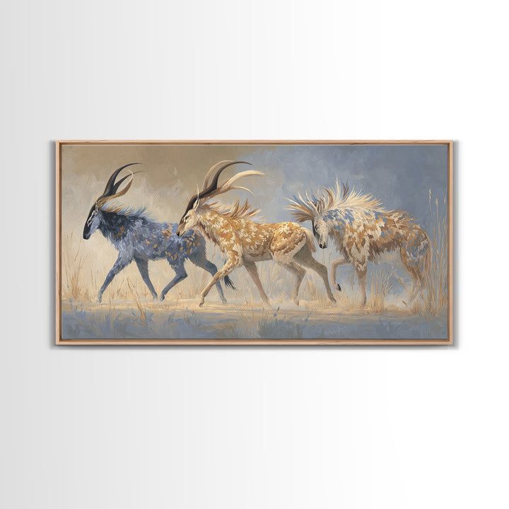 Ancient Cave Art Running Animals Framed Canvas Print, Tribal Art, Gallery Wall Art, Living Room Decor, Watercolor Art, Tribal, TRI-2x1-5