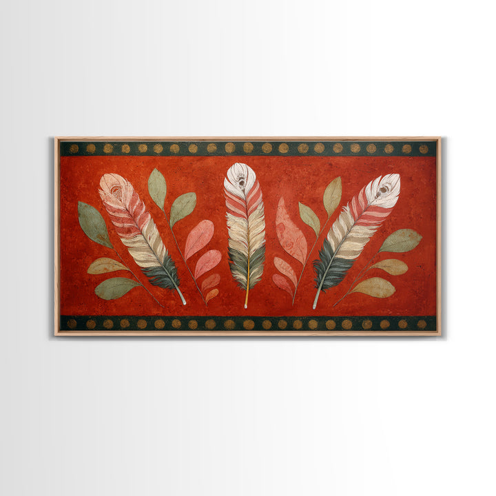 Feather Arrangement with Red Ochre Background Canvas Print, Tribal Art, Black and White Art, Living Room Decor, Tribal, TRI-2x1-63