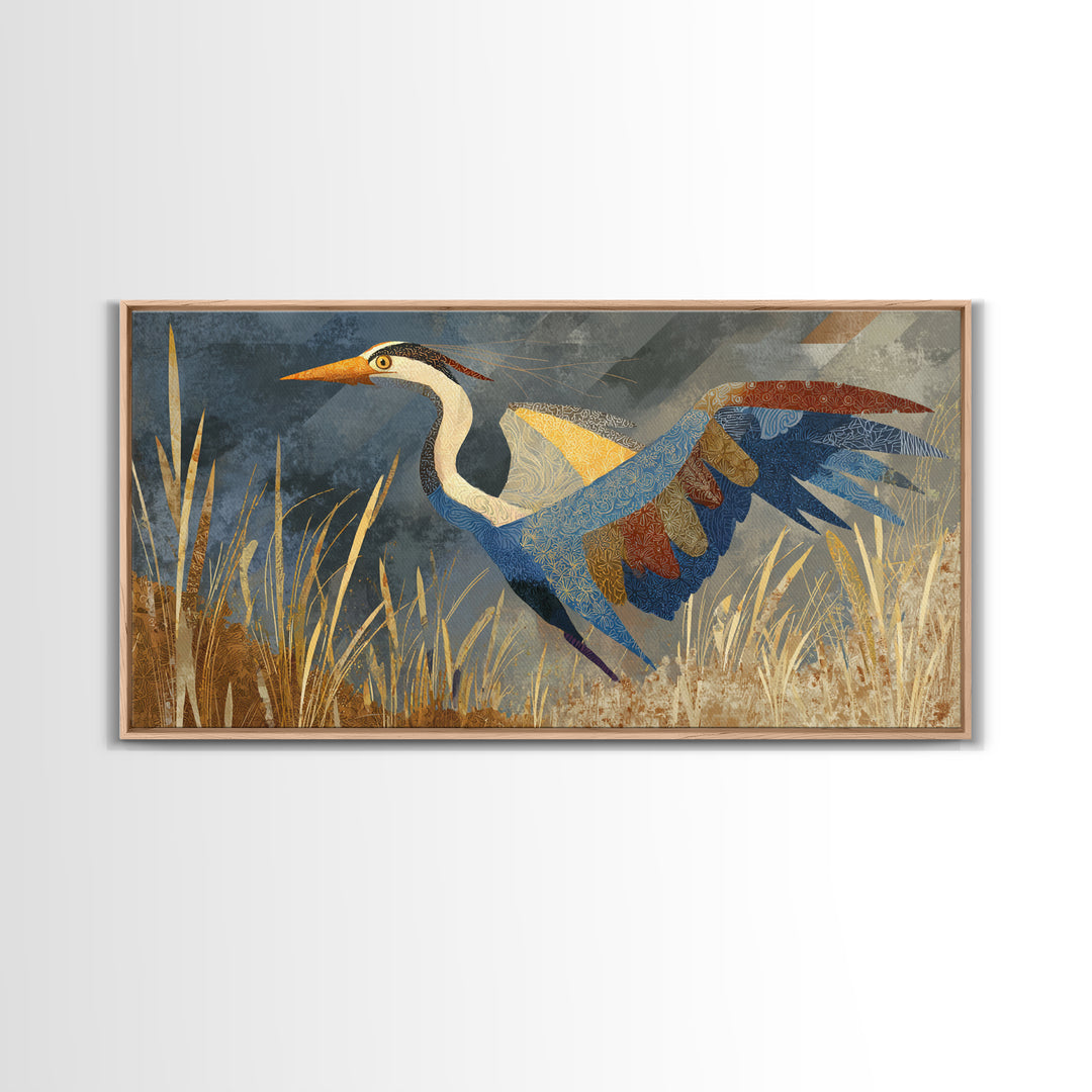 Totemic Bird with Patterned Wings Framed Canvas Print, Tribal Art, Gallery Wall Art, Living Room Decor, Oil Painting, Tribal, TRI-2x1-92