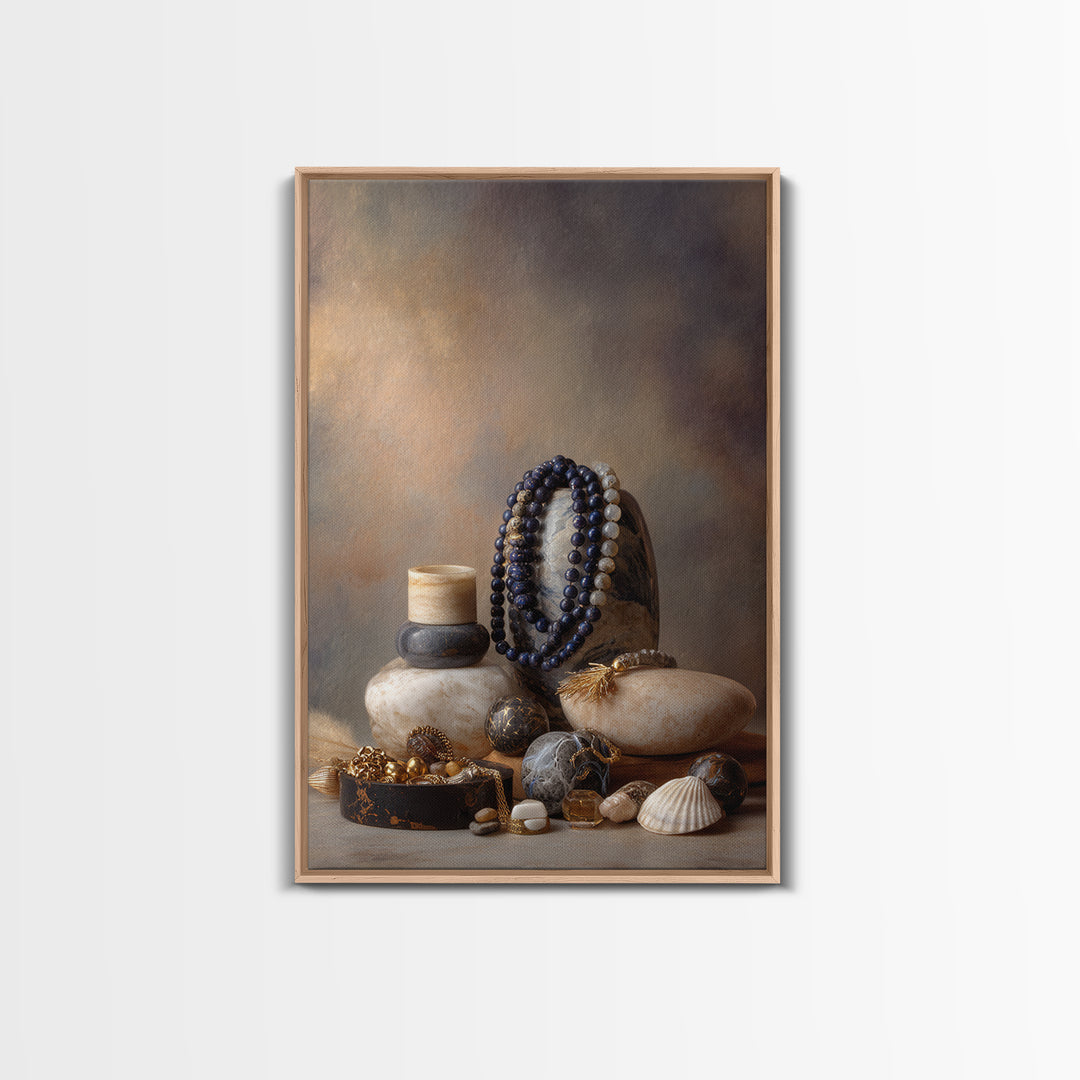 Beaded Jewelry Still Life Framed Canvas Print, Tribal Art, Abstract Art, Living Room Decor, Watercolor Art, Tribal, TRI-2x3-18