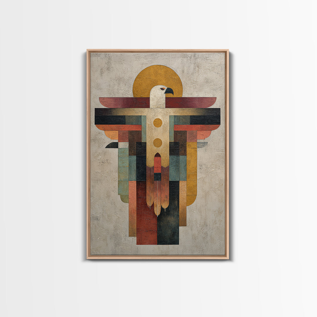 Eagle Totem with Feathers and Geometric Shapes Framed Canvas Print, Tribal Art, Living Room Decor, Abstract Art, Tribal, TRI-2x3-44