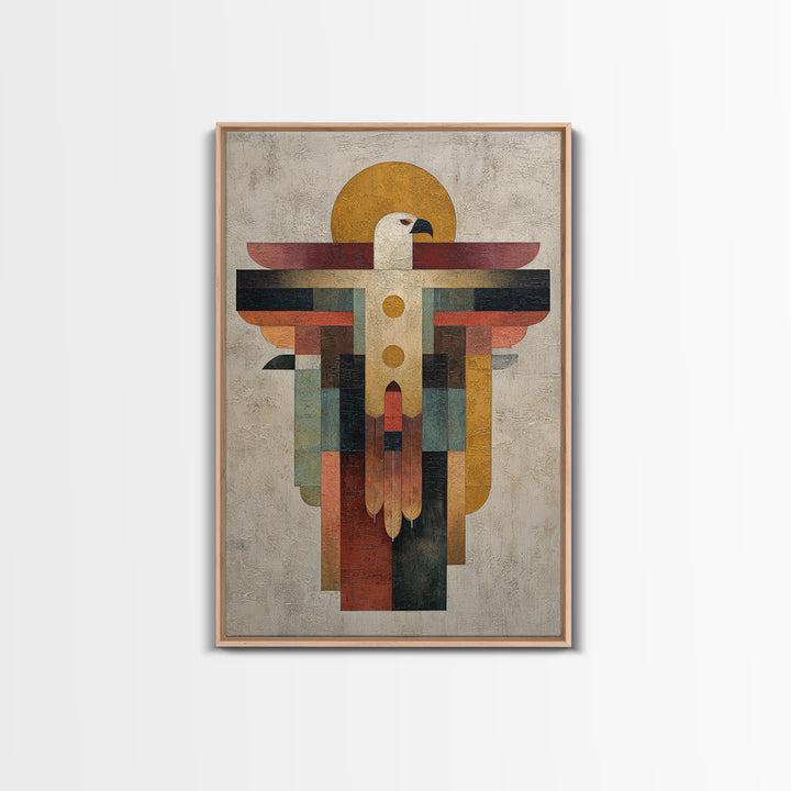 Eagle Totem with Feathers and Geometric Shapes Framed Canvas Print, Tribal Art, Living Room Decor, Abstract Art, Tribal, TRI-2x3-44