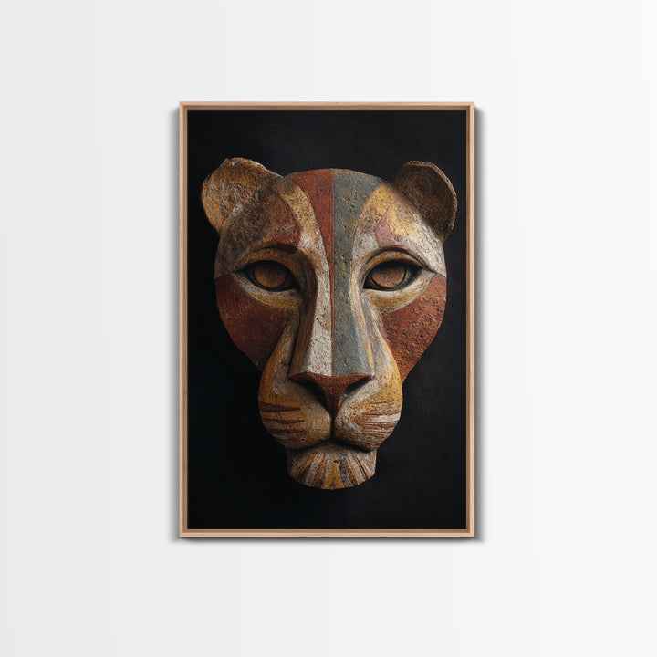 Lion Mask Abstraction Framed Canvas Print, Tribal Art, Boho Wall Decor, Living Room Decor, Abstract Art, Tribal, Fine Art, TRI-2x3-48