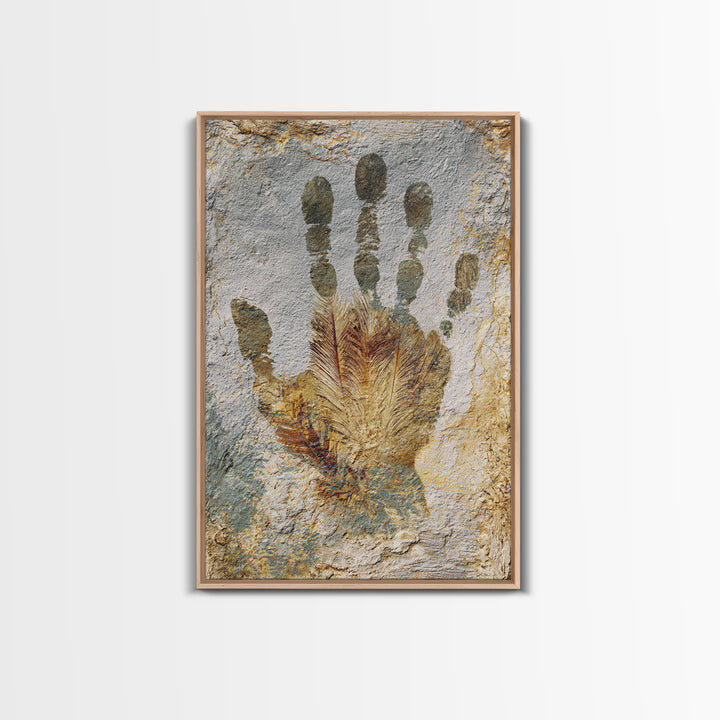 Handprint and Animal Track Composition Framed Canvas Print, Tribal Art, Earthy, Living Room Decor, Fine Art, Tribal, TRI-2x3-97