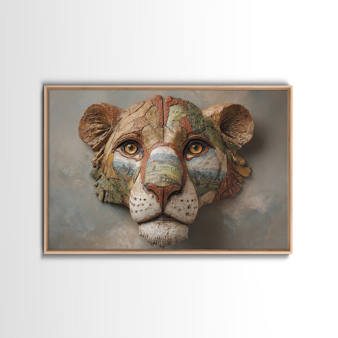 Lion Mask Abstraction Canvas Print, Tribal Art, Textured Painting, Living Room Decor, Abstract Art, Tribal, Unique Wall Art, TRI-3x2-44