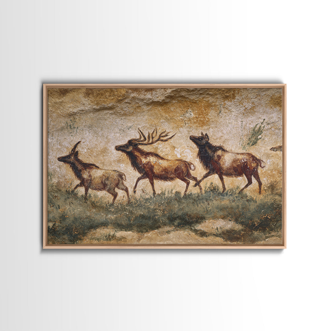 Ancient Cave Art Running Animals Framed Canvas Print, Tribal Art, Wall Art, Living Room Decor, Tribal, Abstract Painting, TRI-3x2-85