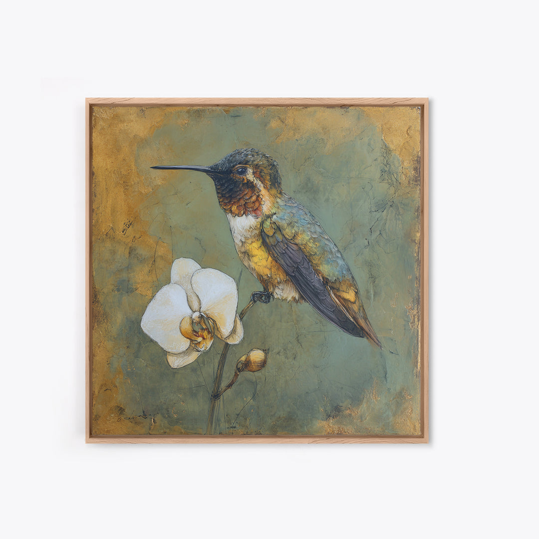 Orchid and Hummingbird Composition Canvas Print, Tropical Art, Trendy Wall Art, Living Room Decor, Tropic, Luxury Decor, TRO-1x1-10
